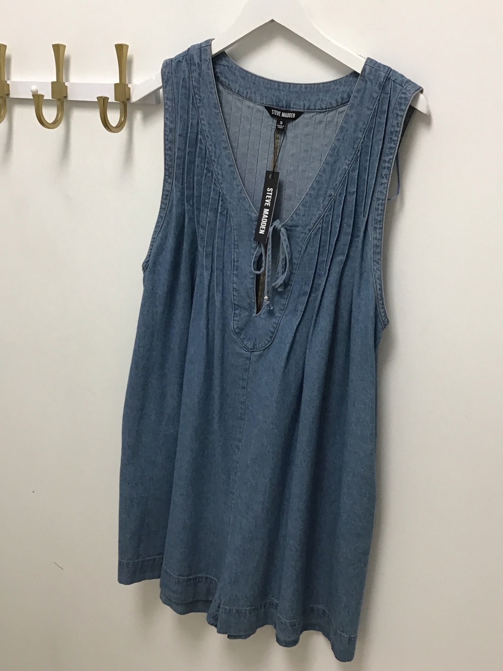 Steve Madden mic Light Blue Denim Sleeveless Tunic romper with Pleated Yoke